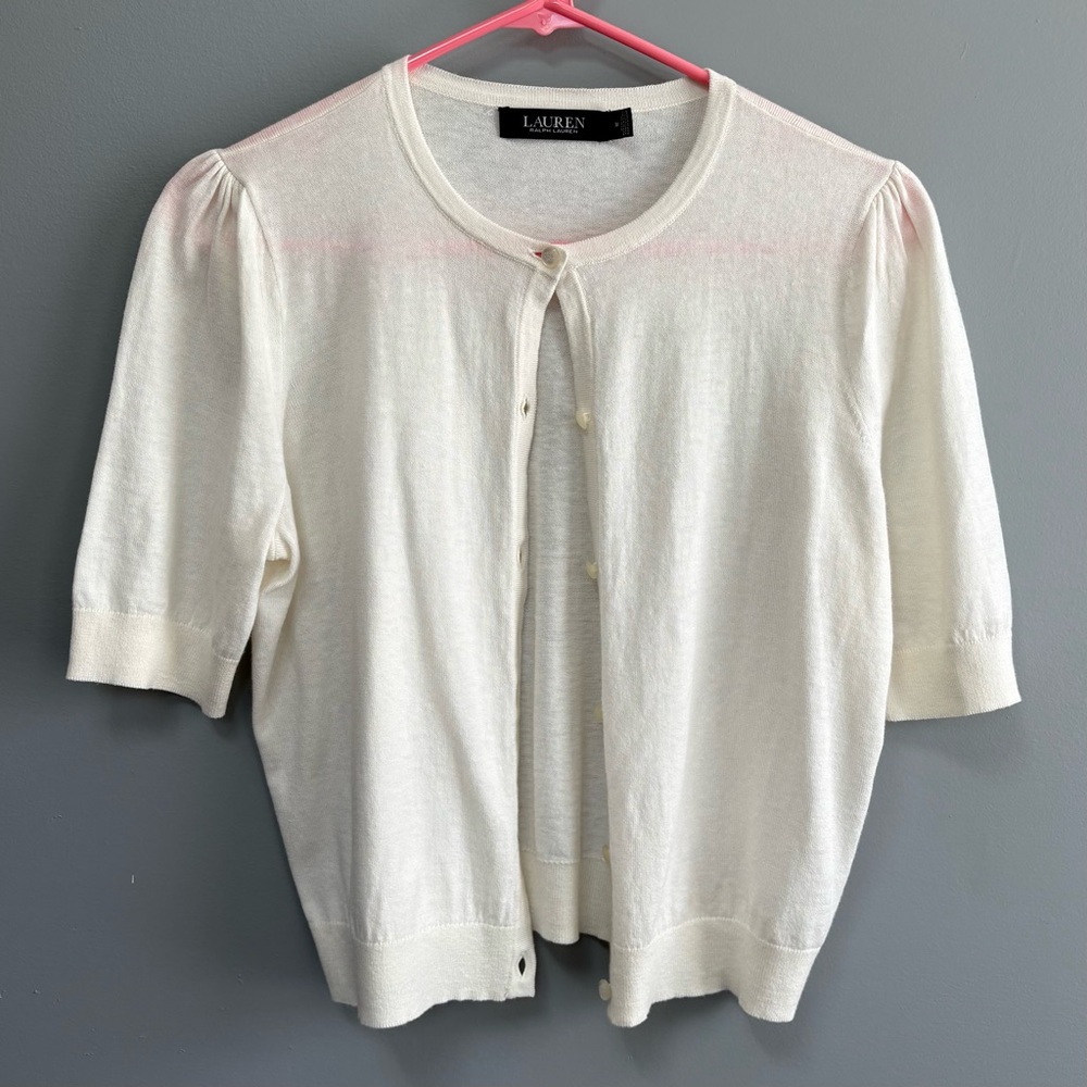 Lauren Ralph Lauren Ivory Cardigan Short Sleeve Button Light Sweater Size M